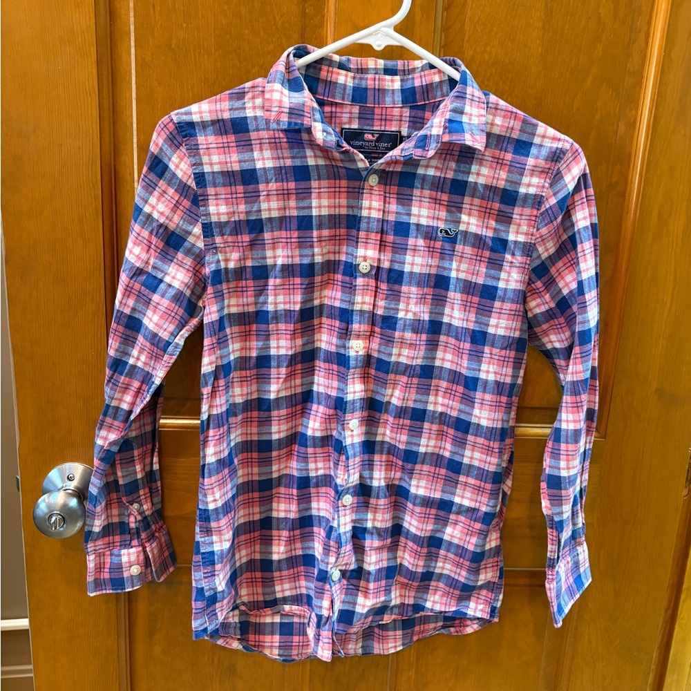 Vineyard Vines Boys Whale Shirt 100% Cotton Pink & Blue Plaid Size M (12-14)